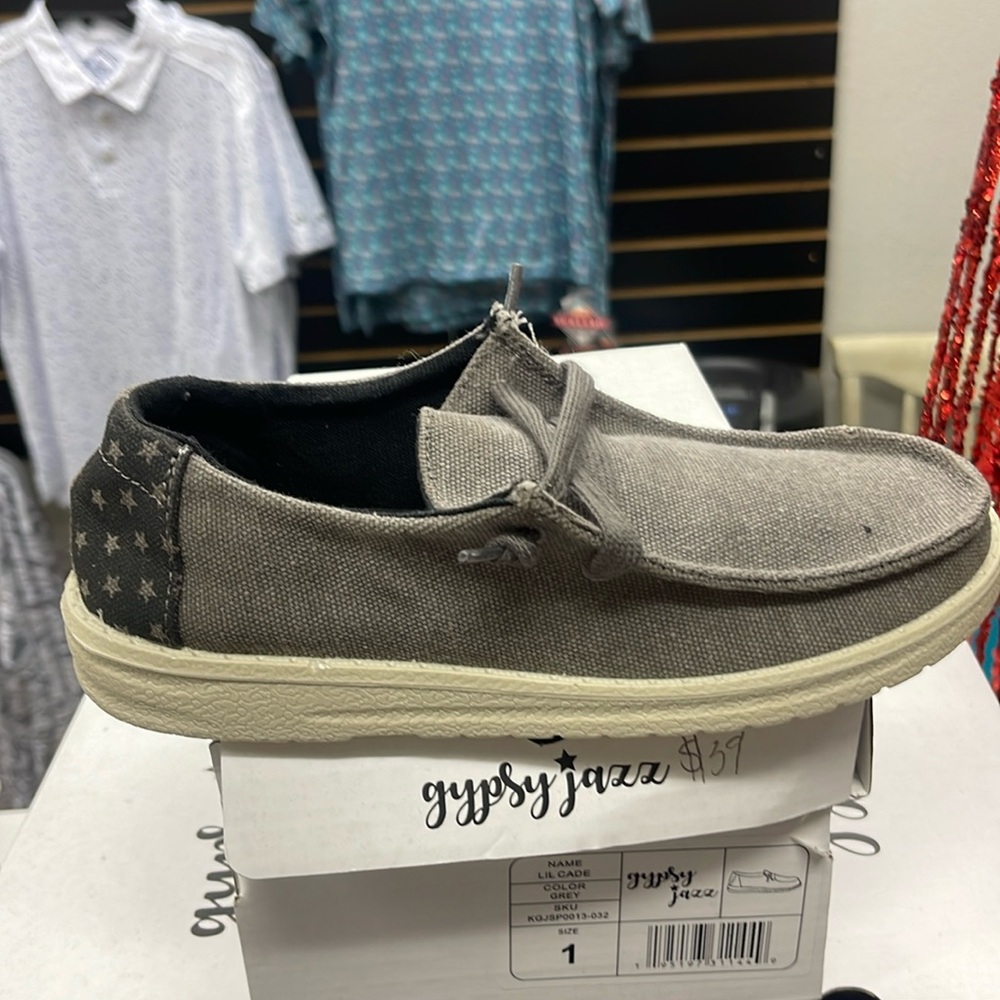 Gray with flag details on heel very comfortable slip on shoes